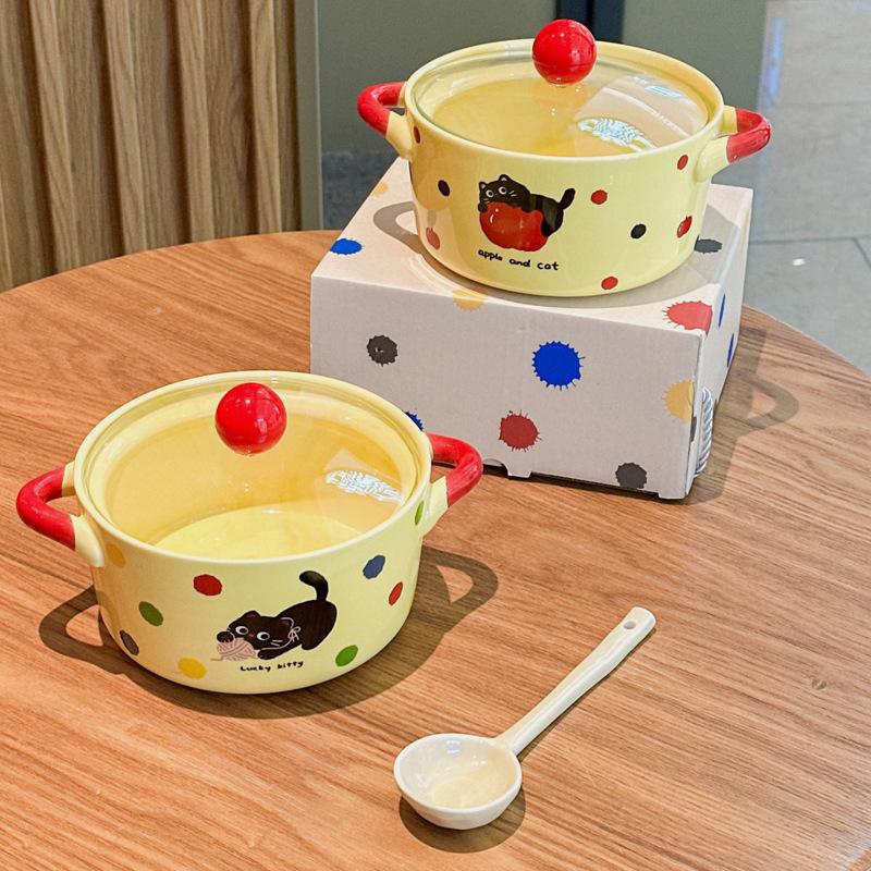 Cute Polka Dot Cat Instant Noodle Bowl Fruit Salad Dessert Bowl Student Dormitory Instant Noodle Bowl Girl Birthday Gift