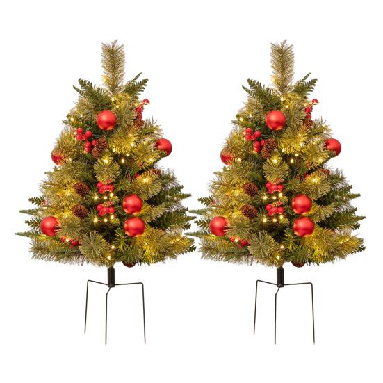 23 Inch Lighted Artificial Christmas Urn Filler Pre-lit Xmas Pine Tree with Cones Red Berries Tripod Stake And LED Light Outdoor Porch Planter Filler