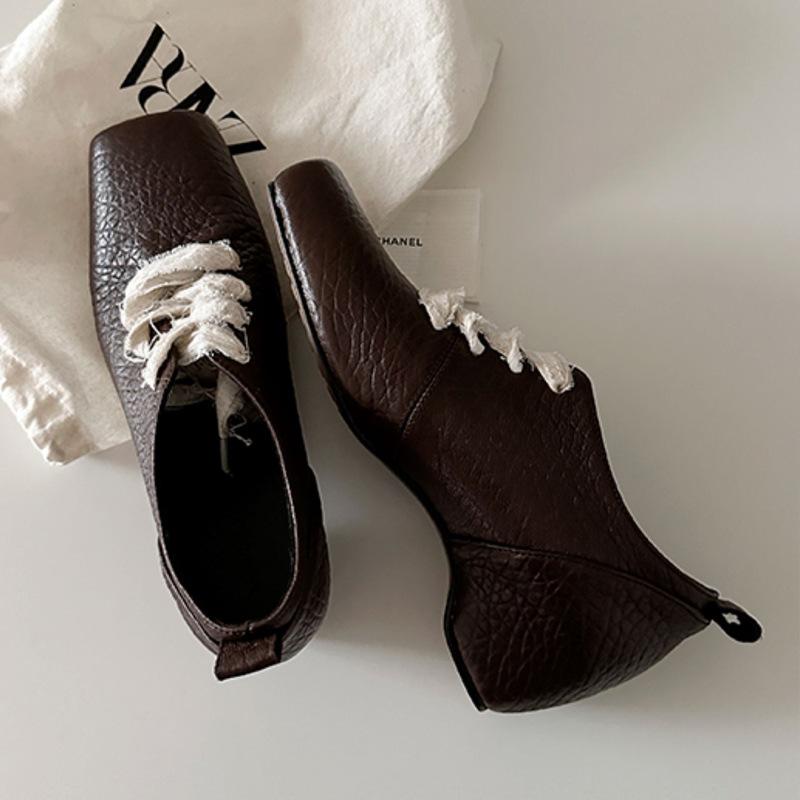 

Cowhide version~ 2025 autumn new square head sheepskin elephant pattern niche designer deep mouth small leather shoes single shoes 40 коричневый