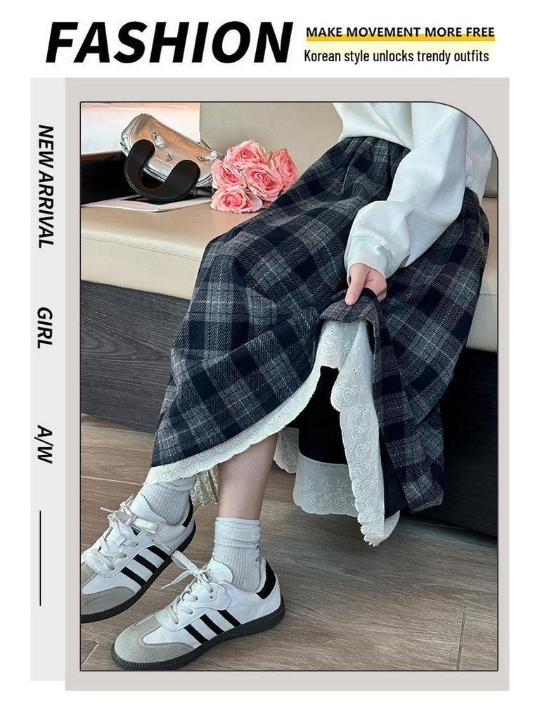 Girls' Plaid Wool Blend Midi Skirt - Autumn/Winter 2025 Fashion