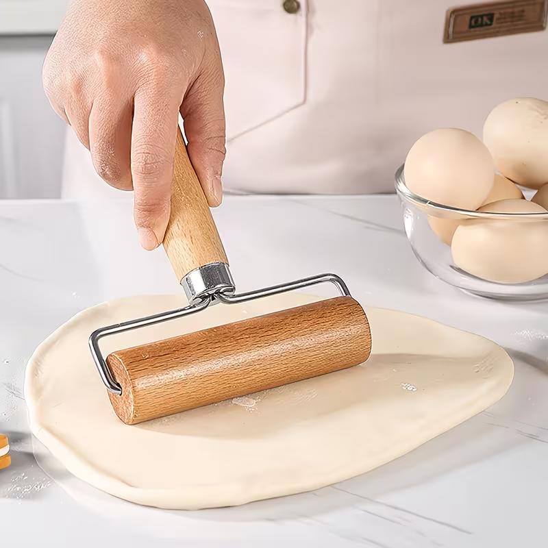 T Shape Wooden Rolling Pin Stainless Steel Dough Roller Dumpling Wrapper Rolling Tool Manual Pastry Roller for Baozi Dumpling Pizza Baking