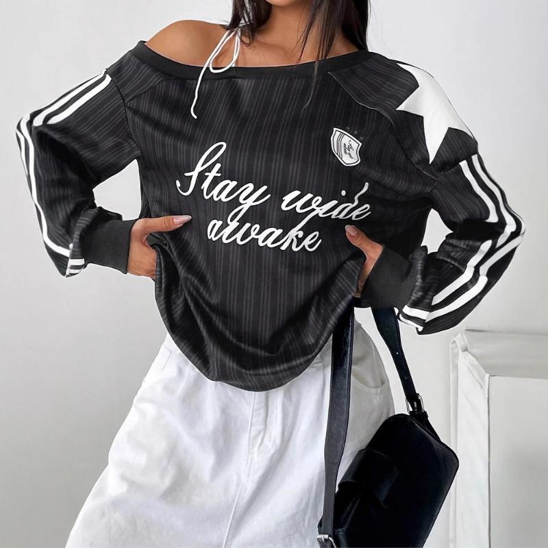 European and American Y2K sloping shoulder strap long sleeved women's autumn sports style spicy girl slimming off off shoulder top