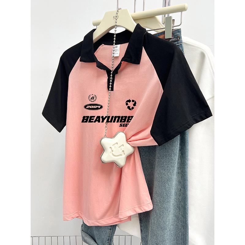 

Women s Summer Pure Cotton Raglan Polo T-Shirt - Mid-Length, Casual Loose Fit with Letter Print L