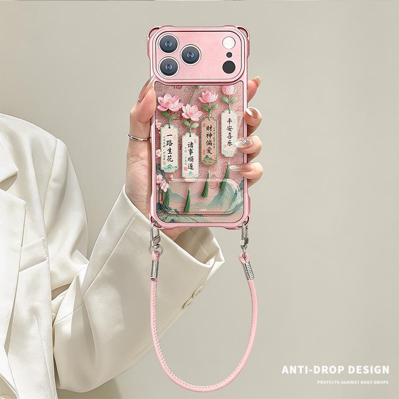 One Way of Raw Flowers Is Suitable for Iphone17promax iPhone Case 15 Four-corner Lanyard 16 with Bracket 14 Crossbody
