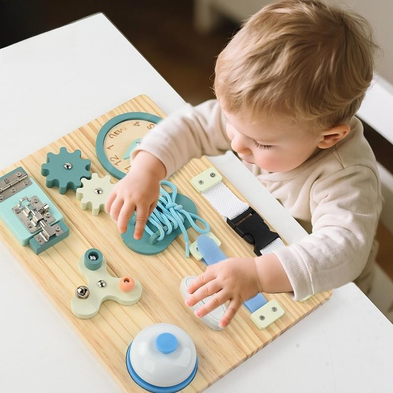 Wooden Blue Clock Busy Board With Educational Activities For Toddler Learning