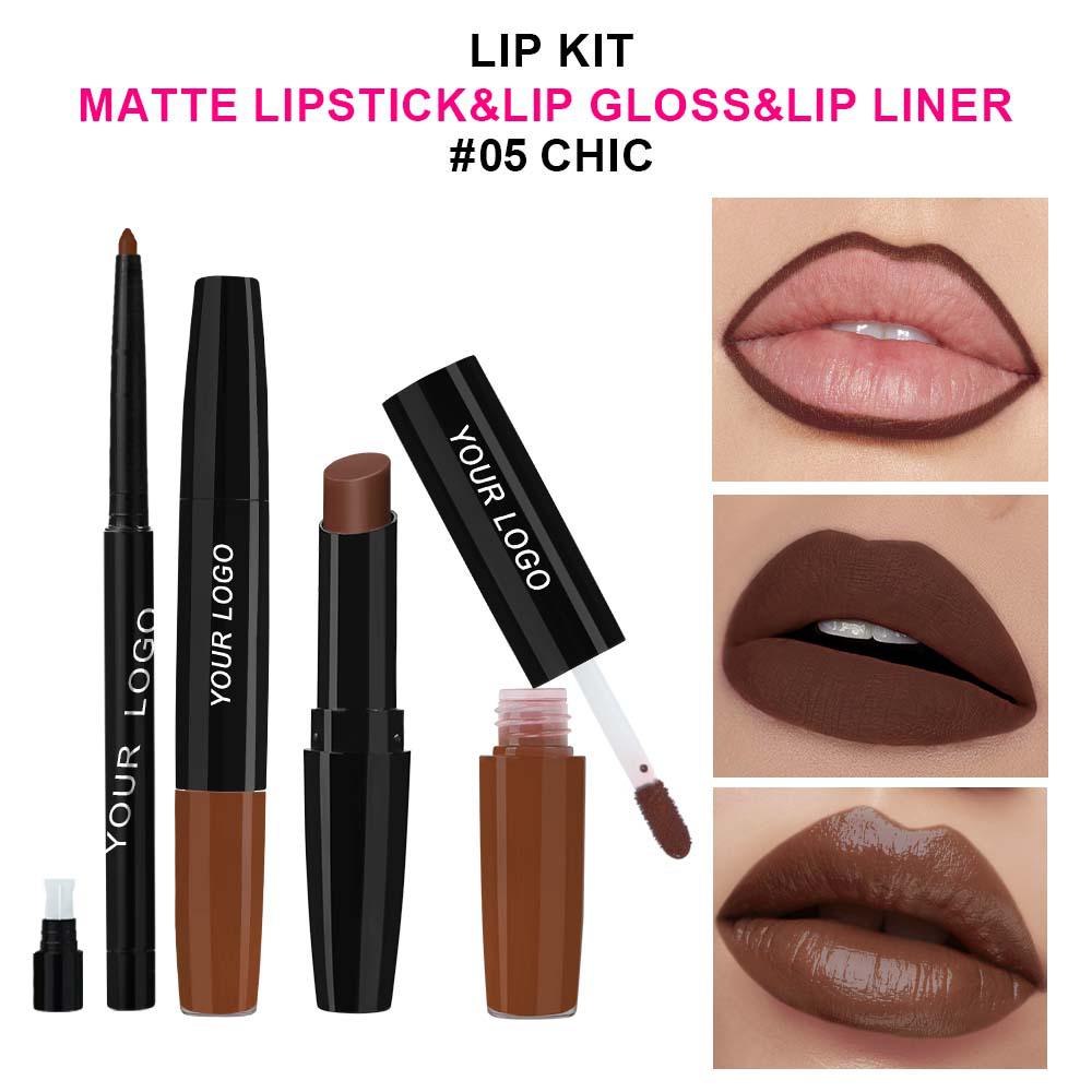Three-in-One Matte Lipstick Set: Lipstick, Lip Liner, and Moisturizing Lip Gloss
