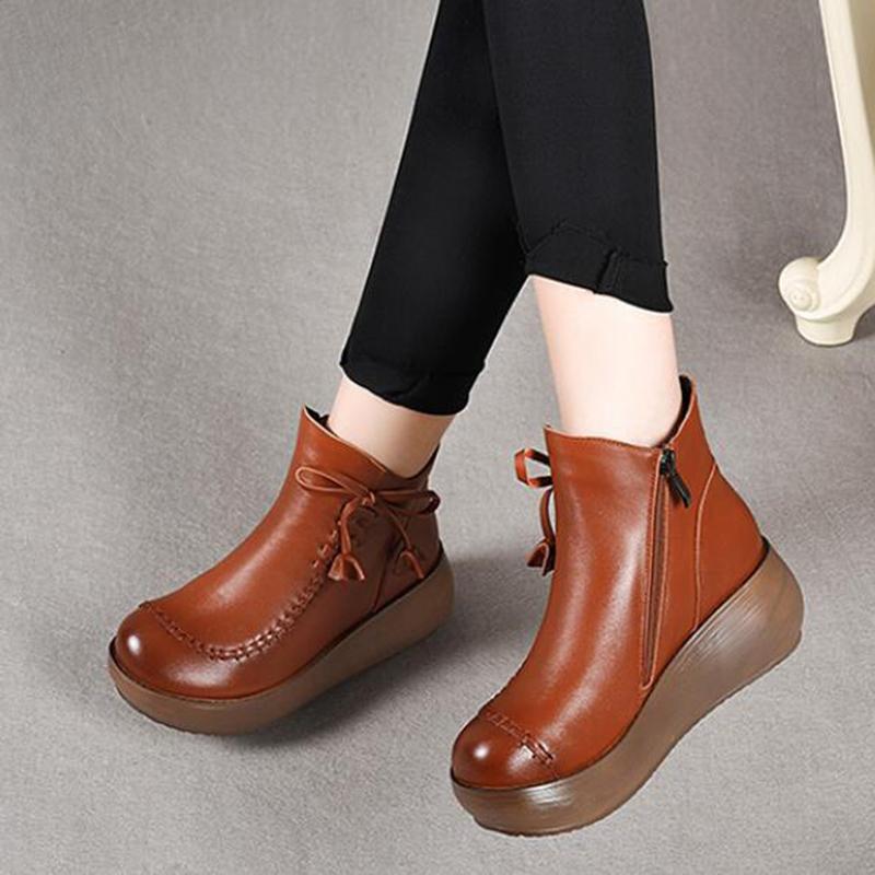 Fashion GKTINOO Ankle Women Boots Genuine Leather Round Toe Women Shoes Zip 2025 New Wedges Handmade Leisure Platform Boots Size 33-40