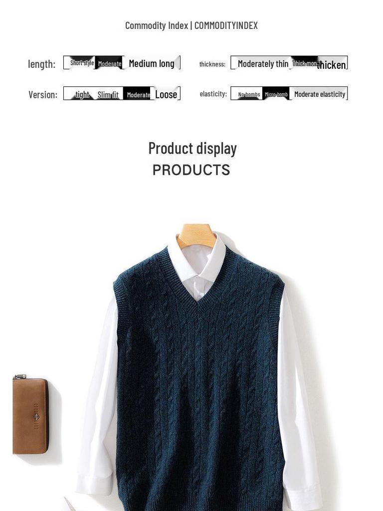 Men's Wool V-neck Sleeveless Cashmere Knit Vest - Business Formal, Loose Fit, Autumn/Winter Style