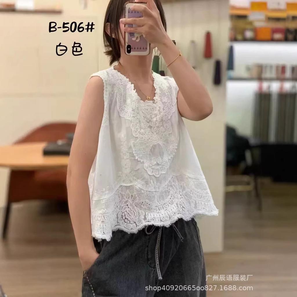 Literary and Artistic Solid Color Three-dimensional Hook-up Embroidered Lace Small Vest Large Size Women's Sleeveless Round Neck Casual Outer