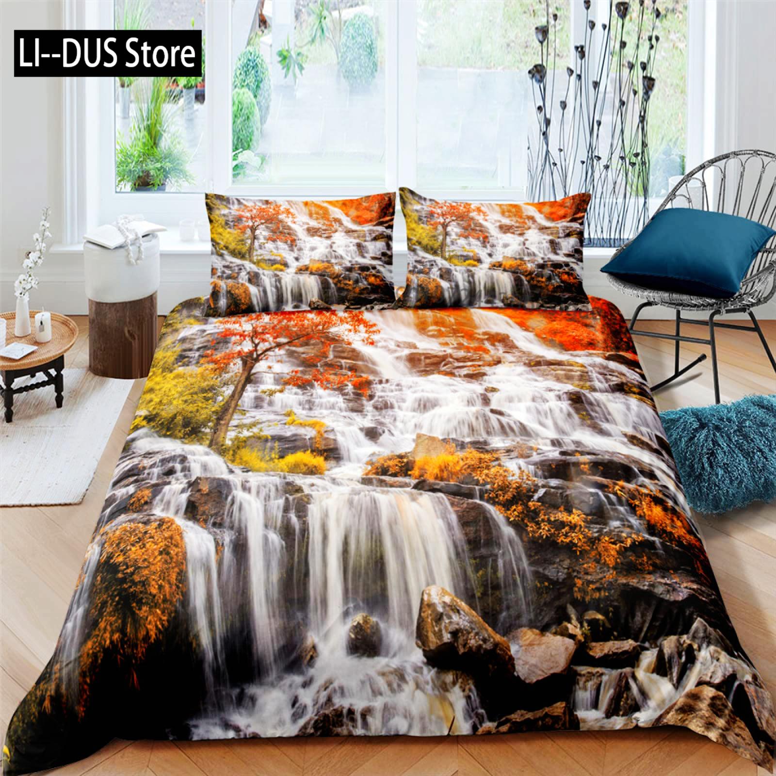 

Nature Duvet Cover Set Waterfall Flowing Decorative 3 Piece Bedding Set with 2 Pillow Shams Queen Full Size Fern Green Blue EU Single(135*200cm)3pcs