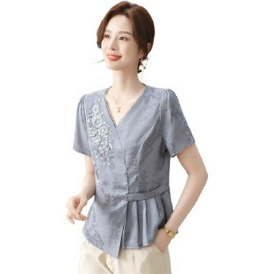 

2026 Summer Chiffon Blouse for Middle-Aged & Elderly Women - Stylish Short-Sleeve Top XL фиолетовый