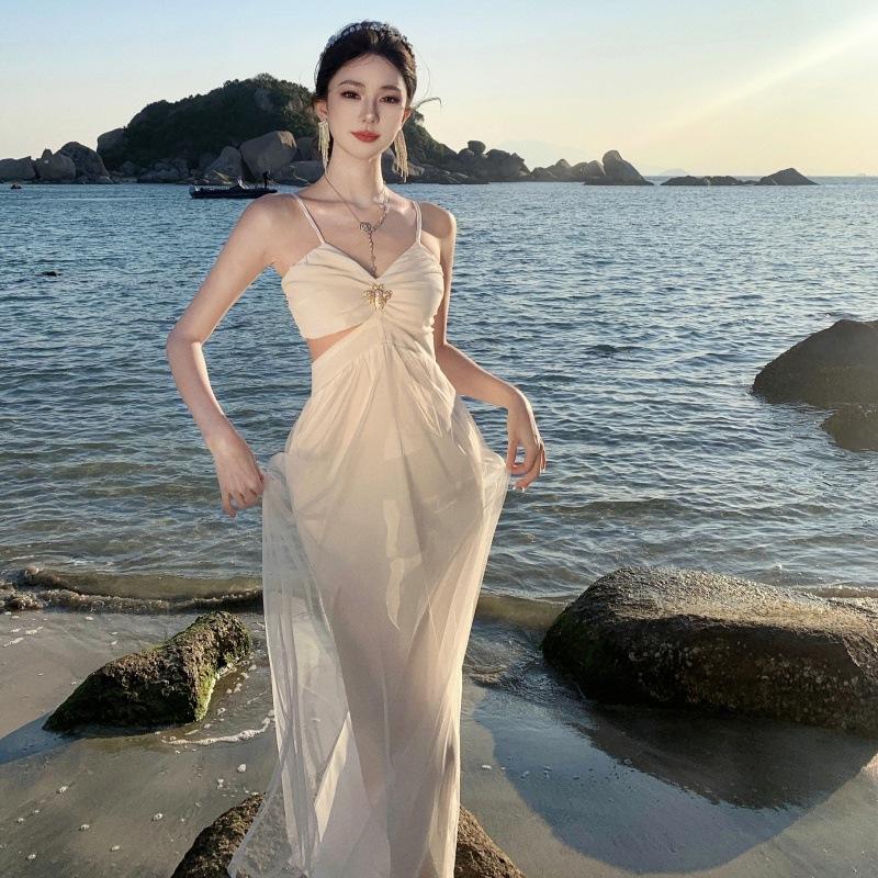 French Sexy Pure Desire Wind Mesh Fairy Gas Hollow Suspender Gauze Skirt High-end Temperament Dress White Chiffon Other