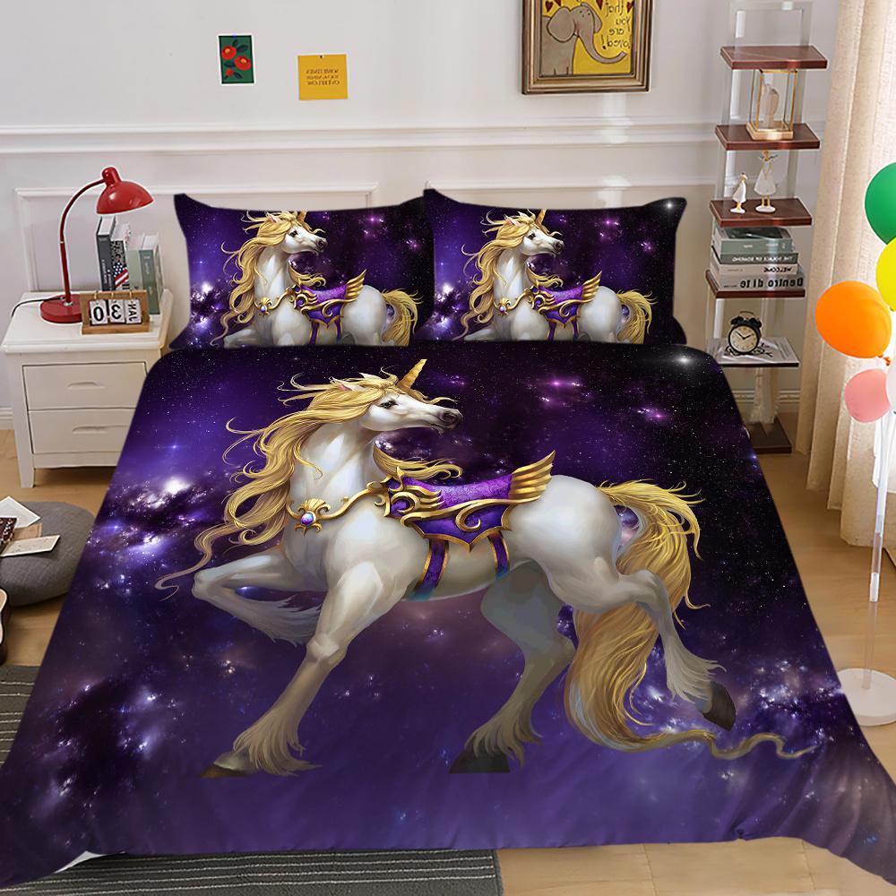 2023 Neuer Stil Bettwäsche-Set 3D Einhorn-Druck Bettdecke Bettzeug Zuhause Dreiteilig Warm Polyester Kissenbezug Bettbezug