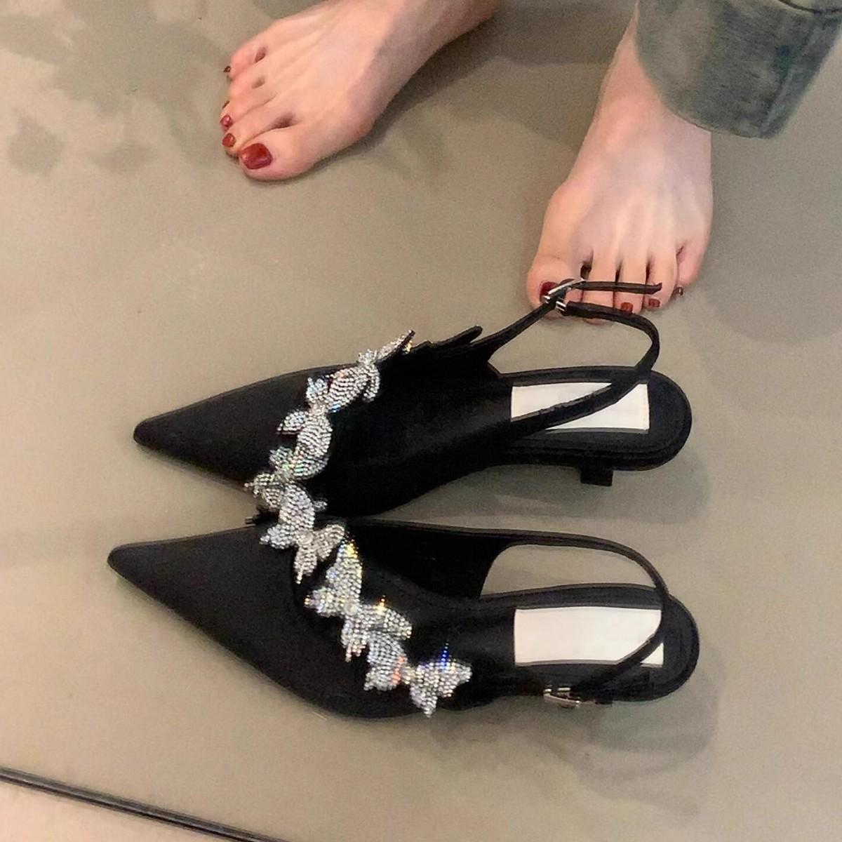 

French beautiful rhinestone butterfly kitten heel single shoes fairy wind shallow mouth pointed head pedal sandals 40