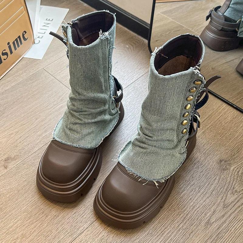 Fashion Metal-decorated Platform Boots for Women Casual Soft-soled Belt Jeans Designer Ankle Boots Ladies Spring Autumn Shoes Female