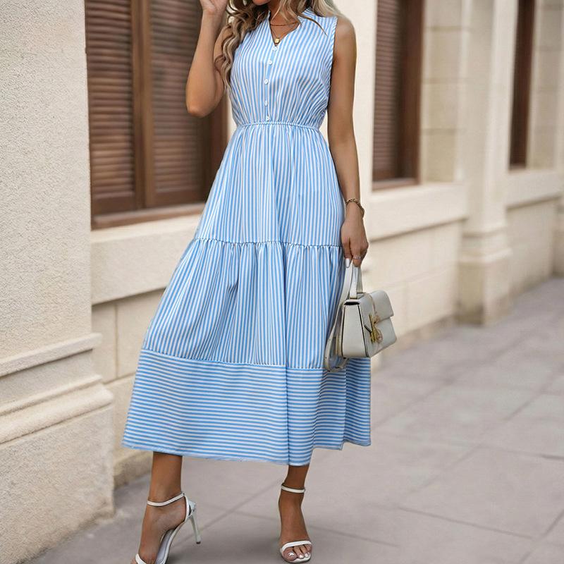 Cross-border foreign trade 2025 summer new A-shaped skirt European and American women's clothing vertical striped sleeveless stand-up collar dress
