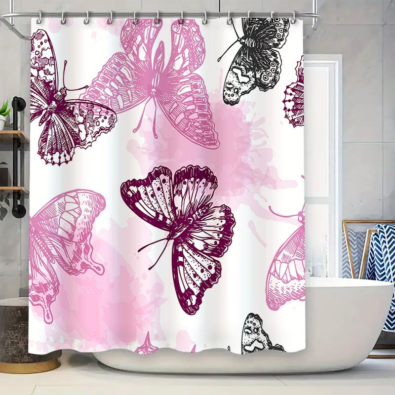 Vintage Butterfly Bath Mat Design Printed Shower Curtain Waterproof Decorative Bathroom Supplies Pink Butterflies Edition