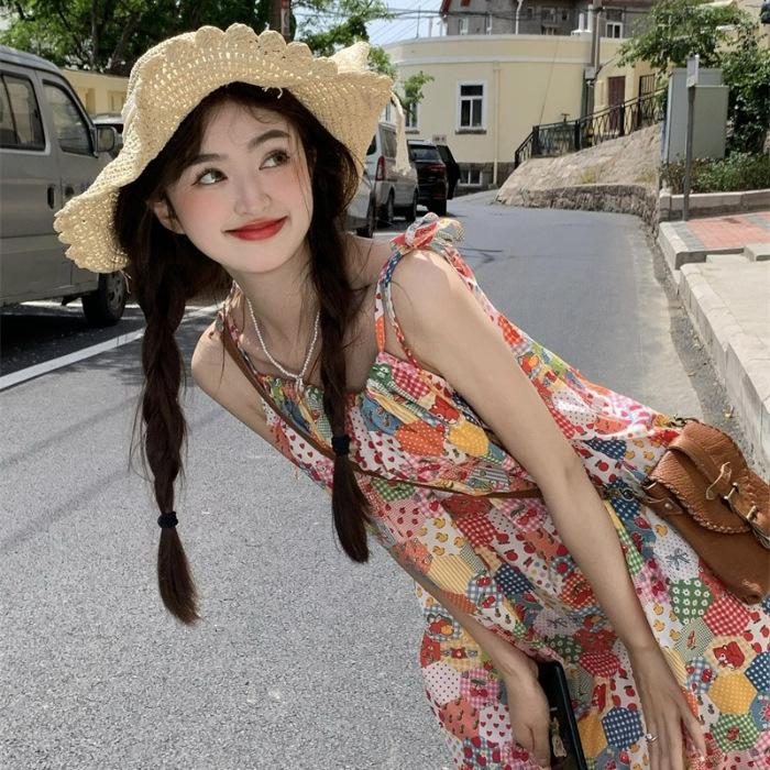 French first love floral suspender dress women s summer new sweet age-reducing lace long skirt S