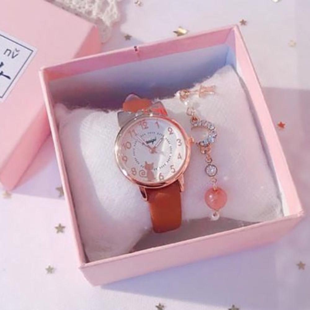 

Набор часов-браслетов с кошачьими ушками, кожаный ремешок, наручные часы, модный браслет коричневый