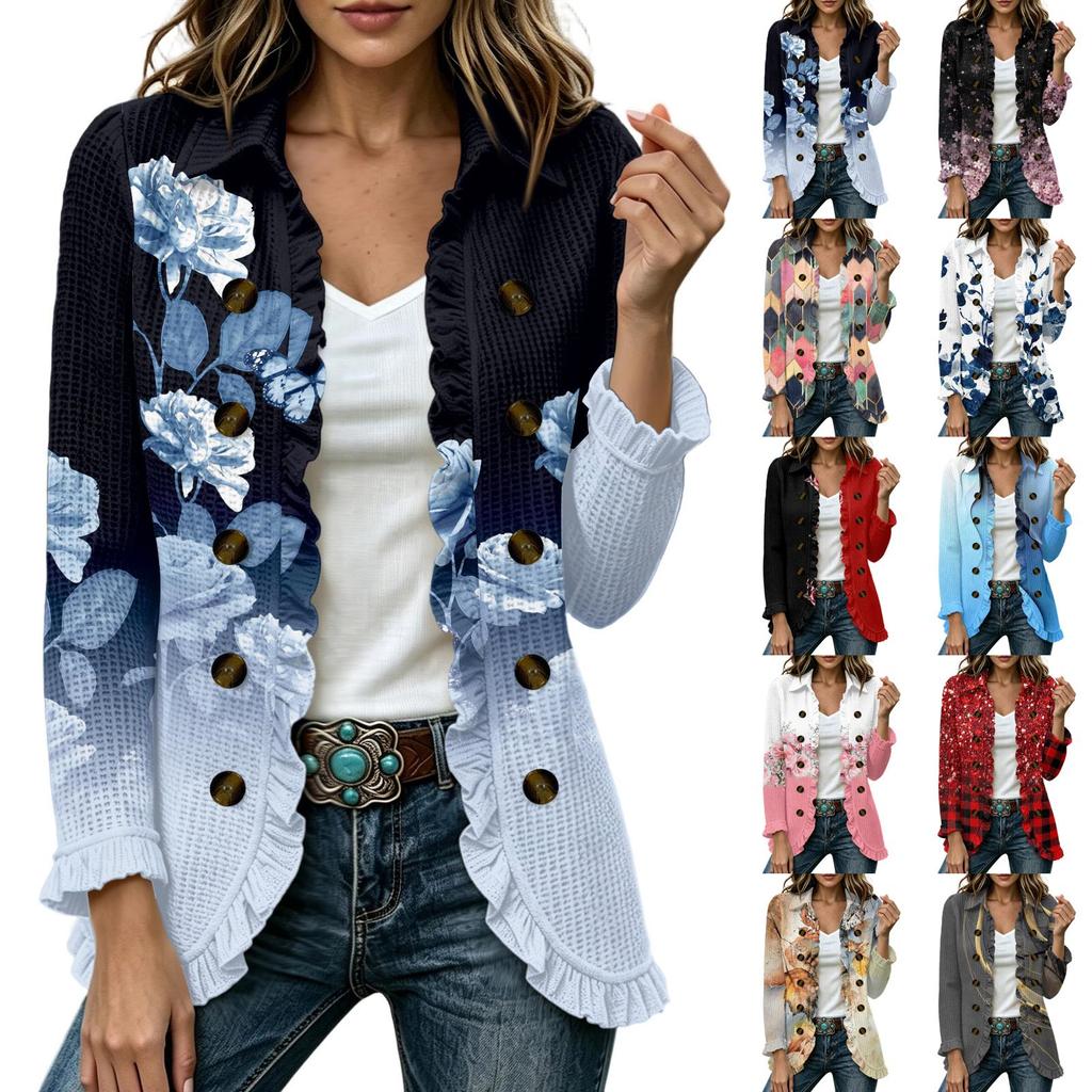 Women's Fashion Floral Print Long Sleeve Ruffle Open Front Cardigan for Casual Wear