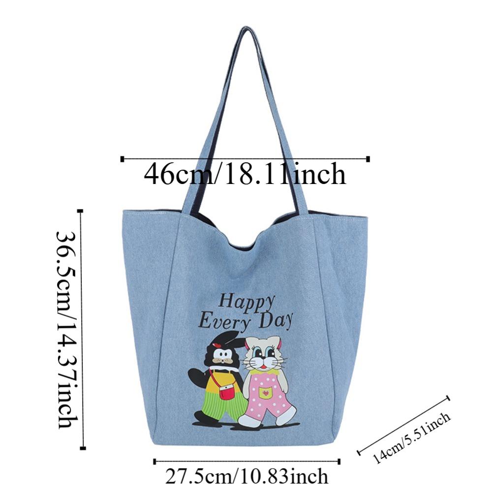 Cartoon Animal Denim Blue Handbag Large Capacity Women Canvas Bag Cute Double-sided Tote Bag  Daily