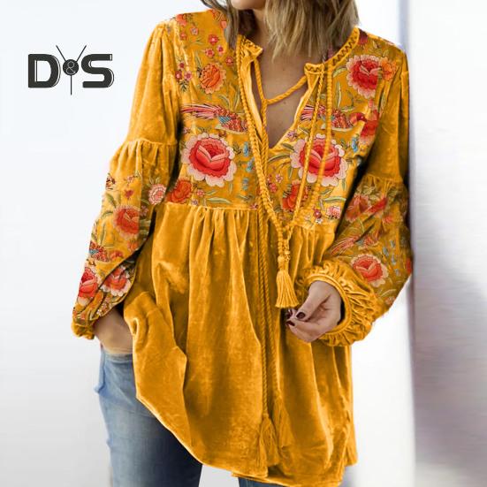 

Женский топ с v-образным вырезом в стиле ретро с цветочным принтом и длинным рукавом, свободный пуловер на шнурке, плиссированная лоскутная блузка средней длины, мягкая повседневная женская осенняя блузка S чёрный