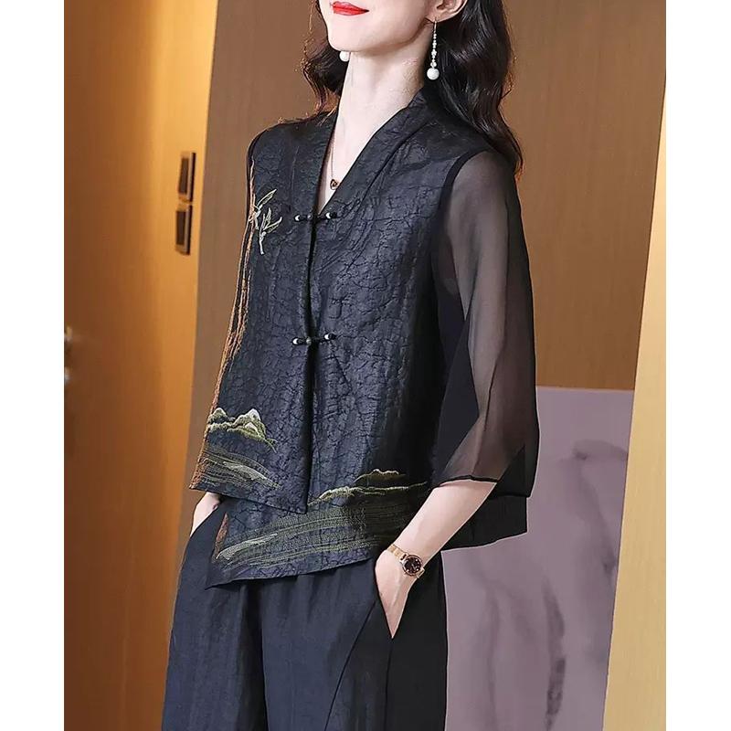 Women Faux Silk Vintage Embroidered Asymmetrical Blouses Spring Summer Elegant Chinese Style Design Cardigan Shirts