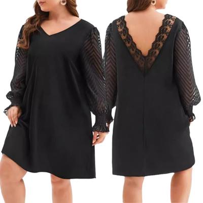 Plus Size Dress V-Neck Hollow Lace Stitching Flared Long Sleeve High Waist Mini Dress Solid Color Casual Mini Dress