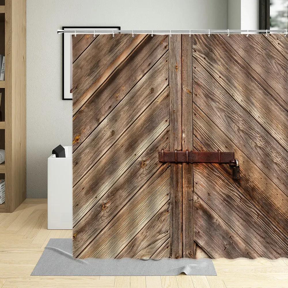 Vintage Wooden Door Shower Curtains Retro Wood Board Grain Printing Decor Screens Waterproof Fabric Bathroom Curtains With Hooks