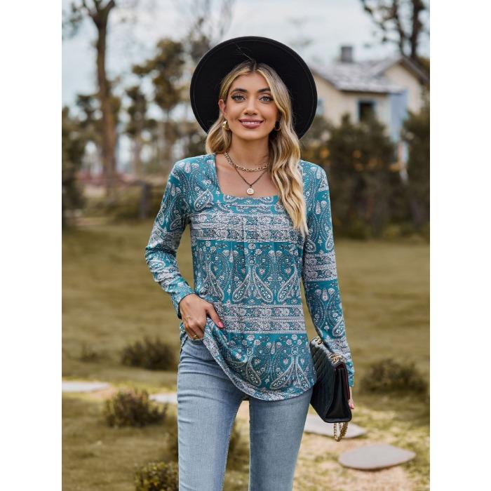 Autumn Women's Blouse Long Sleeve Square Neck Loose Comfortable Casual Printed Top