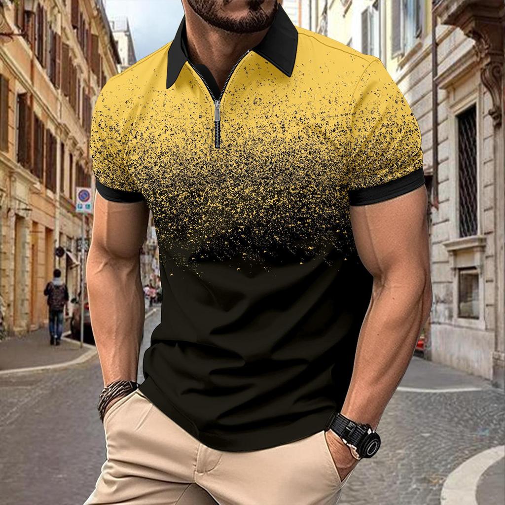 Summer Flat Cloth Polo Shirt Zip Men's Printed Crushed Dot Polo Shirt Men's Short Sleeve T-Shirt Top