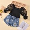 Toddler Baby Kids Girls Puff Sleeve Polka Dot Tops  Ripped Jean Shorts Outfits