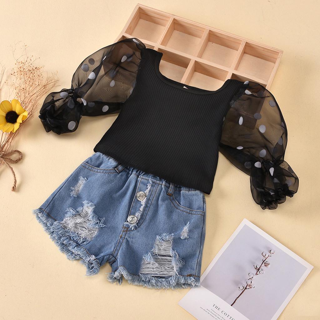 Toddler Baby Kids Girls Puff Sleeve Polka Dot Tops  Ripped Jean Shorts Outfits