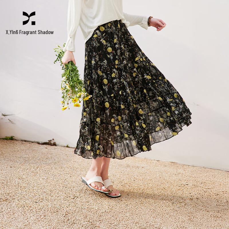 Xiangying Women s High-Waist A-Line Floral Chiffon Pleated Dress XL