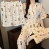 Japanese Sweet Cloud Cotton Pajamas Women'S Summer Short-Sleeved Three-Piece Set Thin Cartoon Bear Loungewear