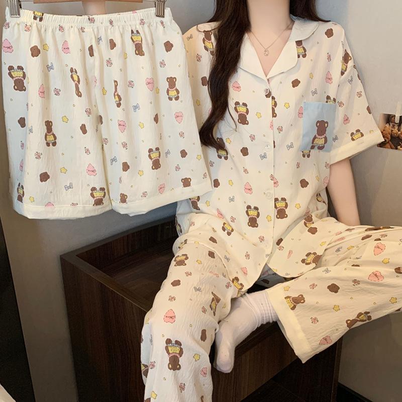 Japanese Sweet Cloud Cotton Pajamas Women'S Summer Short-Sleeved Three-Piece Set Thin Cartoon Bear Loungewear