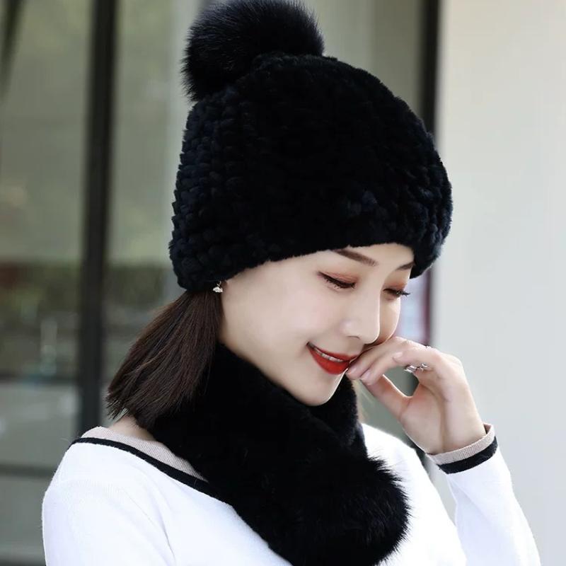 Rex Rabbit Hair Hat Scarf Two-piece Set Women's Winter Fur Hat Set Winter Fashion Warm Middle-aged Mother Hat