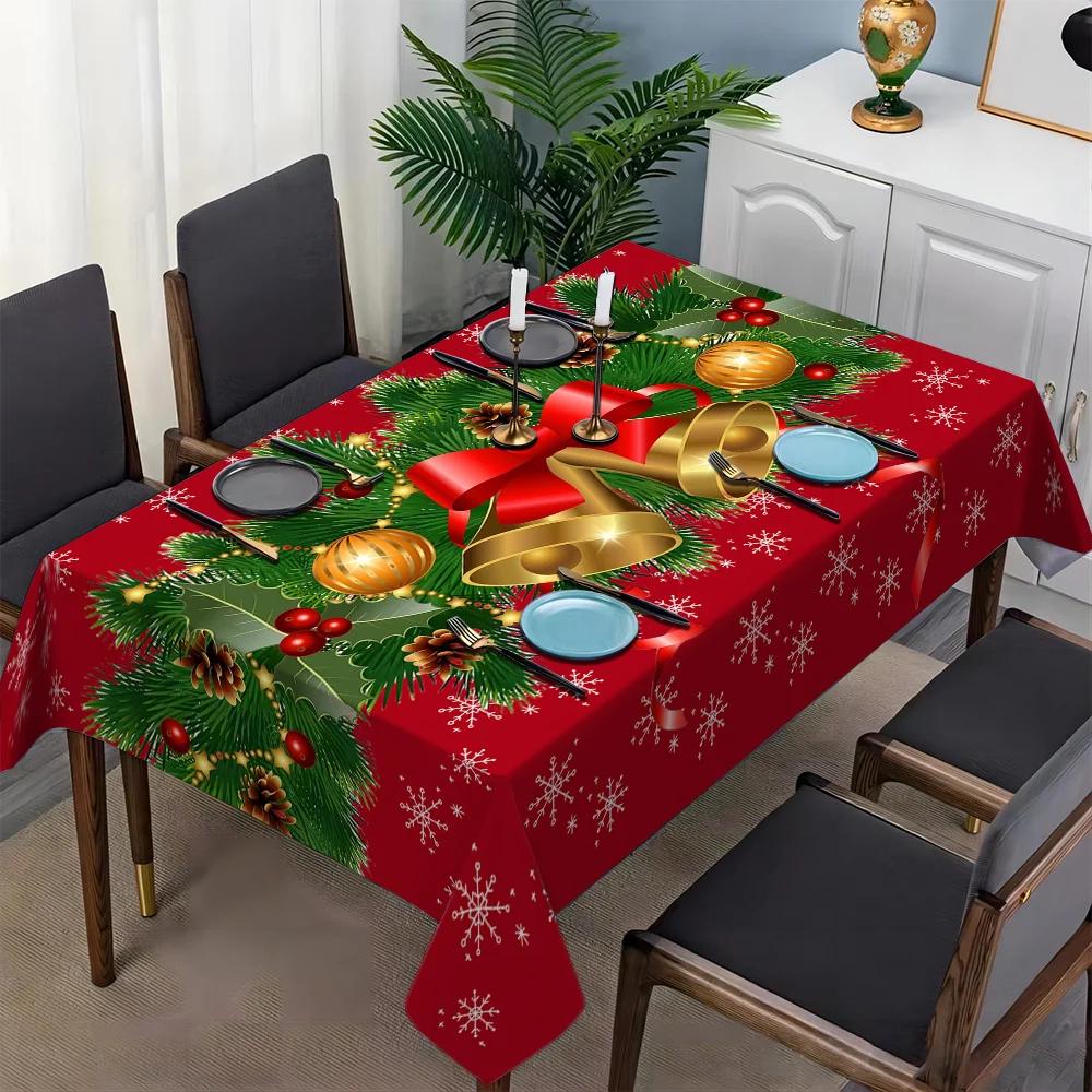 Christmas Festive Bells and Holly Rectangle Tablecloth Holiday Party Decor Waterproof Tablecloth for Table Christmas Decorations
