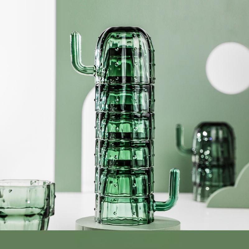 Cactus Stackable Glass Cups Set, Green