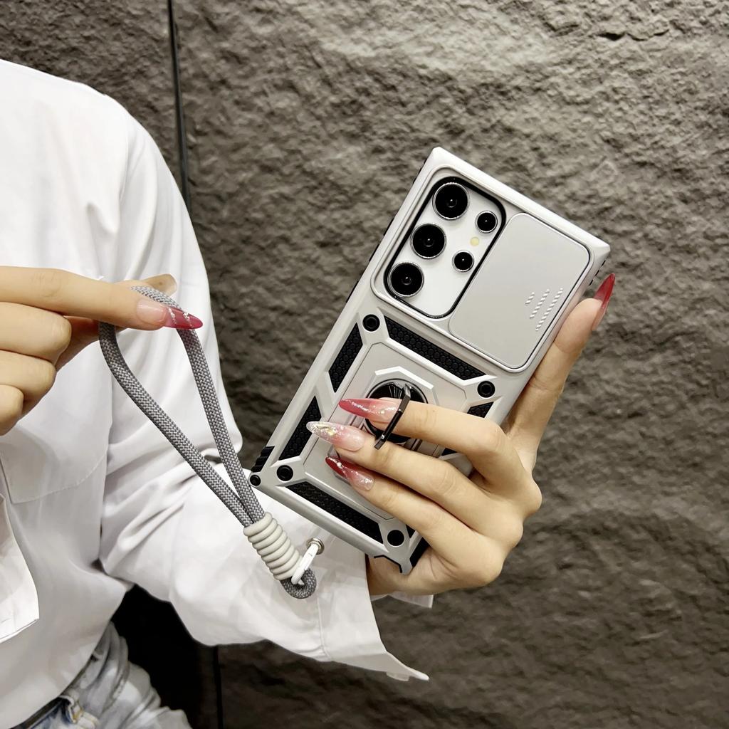 Armor Magnetic Bracket Case For Samsung Galaxy S25 S24 S23 S22 S21 Ultra Plus With Lanyard Slide Camera Protect Shockproof Cover