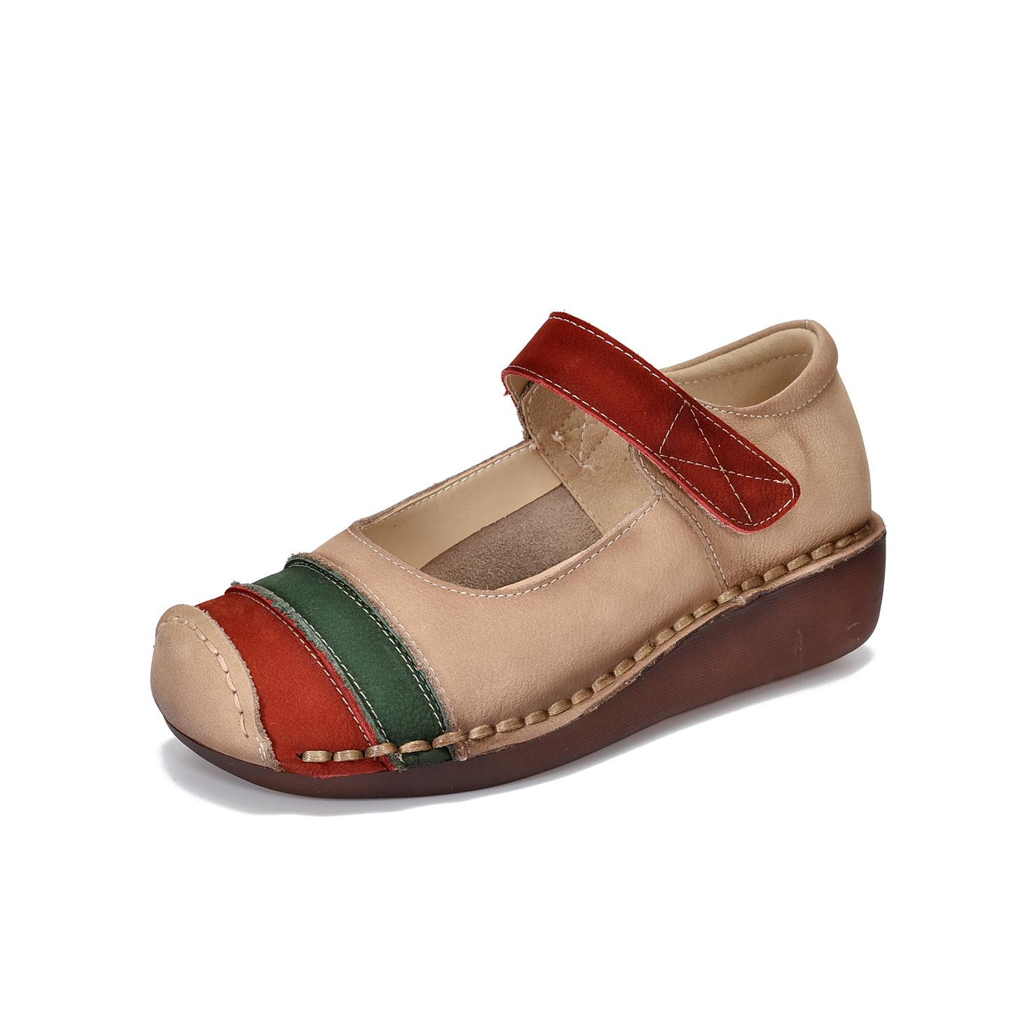 

Johnature Retro Round Toe Genuine Leather Women s Shoes Cowhide Soft Sole Mixed Colors Wedge Heel Shoes 35 красный