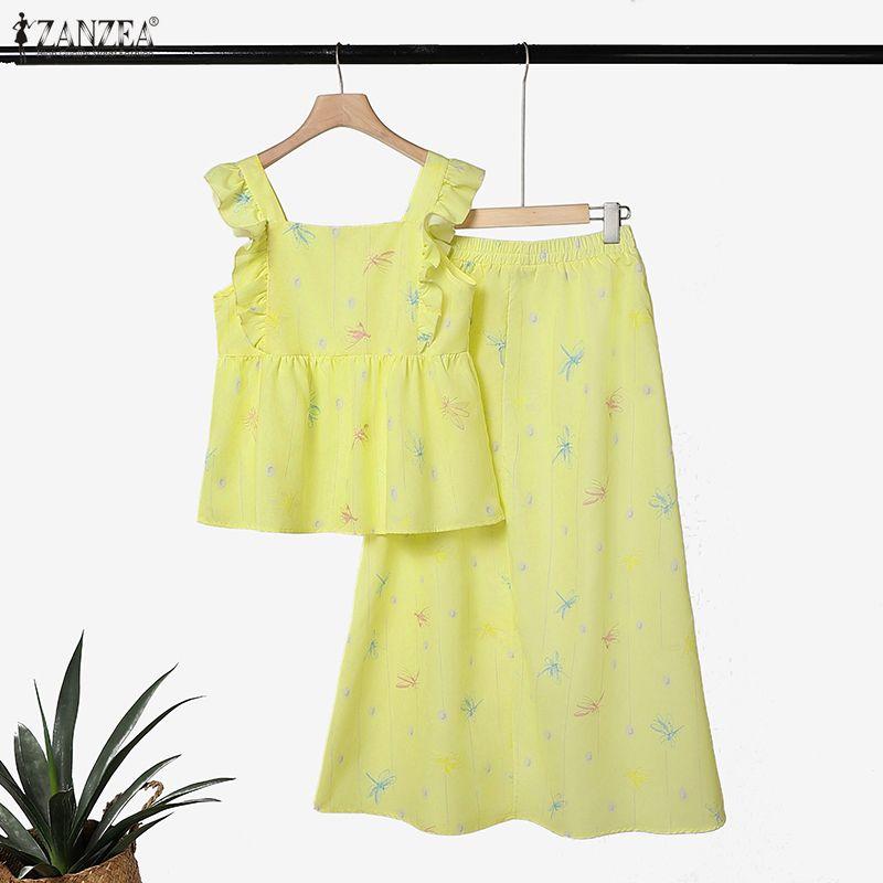 ZANZEA Women Sleeveless Tank Tops and Long Skirts Casual Two Piece Suit Sets
