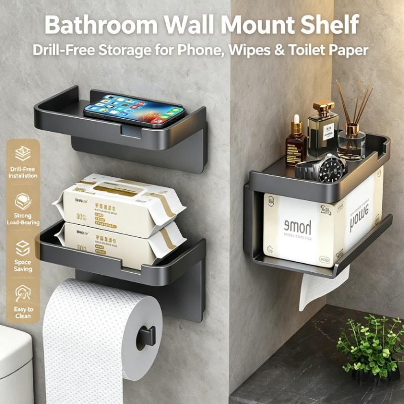 Toilet Paper Holder Black ABS No Drill Kitchen Storage Bathroom Accessories Self-Adhesive Wall Mounted Tissue Rack Mobile Shelf