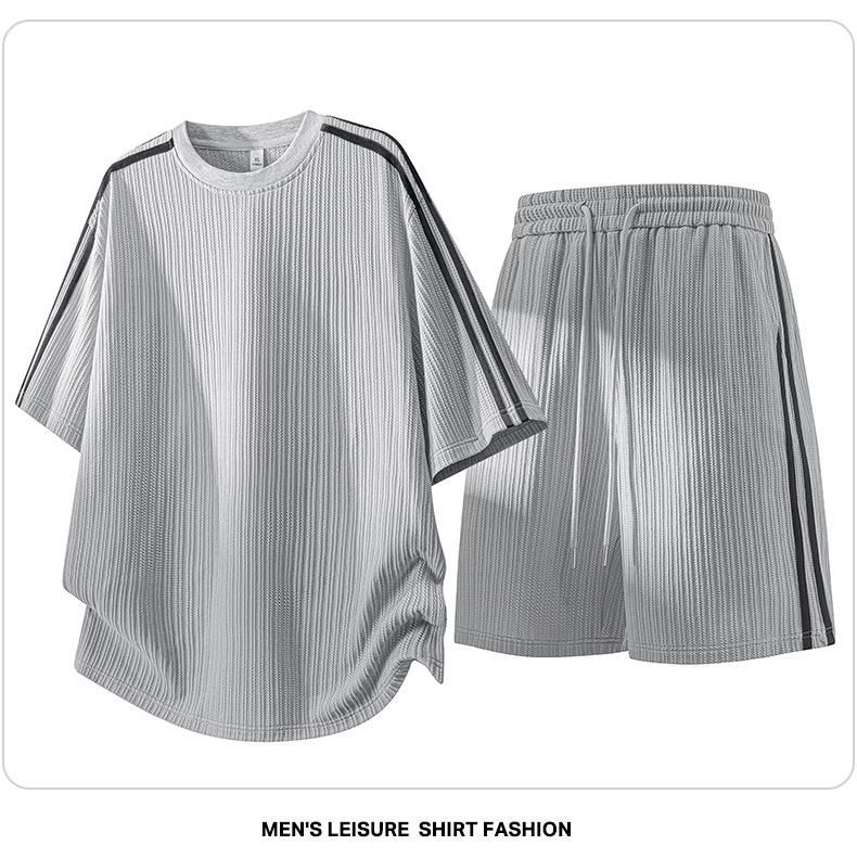 Men's Casual Jacquard Stripe T-Shirt & Shorts Two-Piece Set