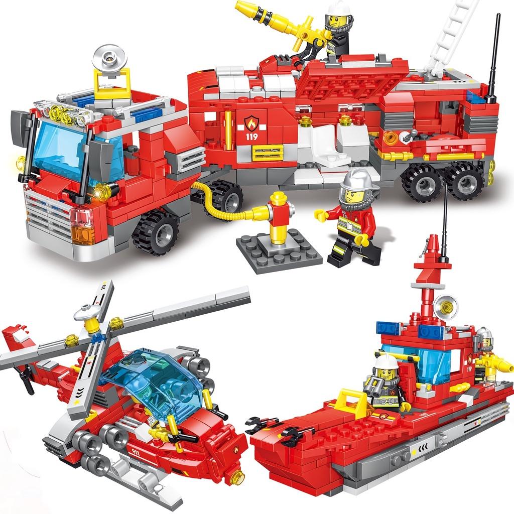 678pcs 8 In 3 City Fire Truck Fighting Building Blocks Set, Warship Deformable Combination Car Model W/8 Fireman Figures Bricks DIY Toys For Children