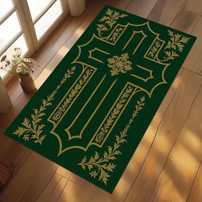 Vintage Floral Cross Prayer Rug | Non-Slip Christian Mat Living Room Decoration Bedroom Decoration Rugs Home Mat Floor Mats