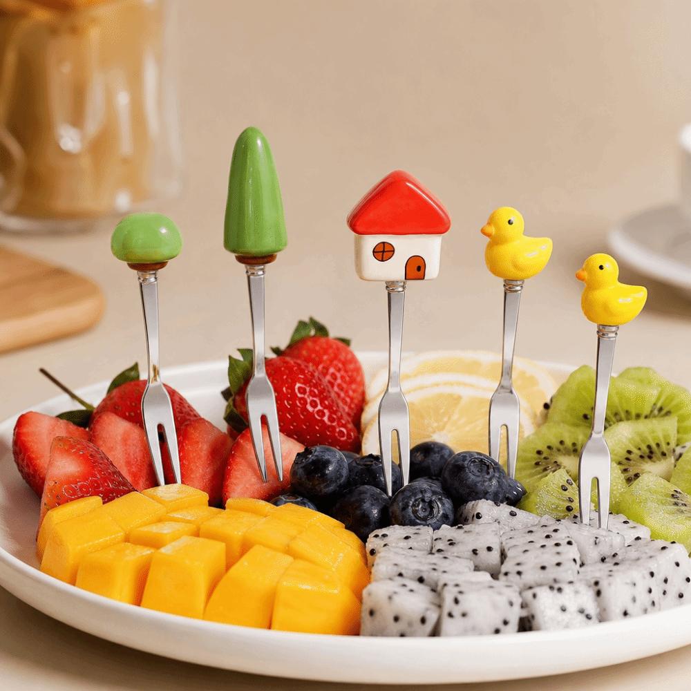 6Pcs Creative Stainless Steel Cake Fork Reusable Cute Fruit Forks Coffee Stirring