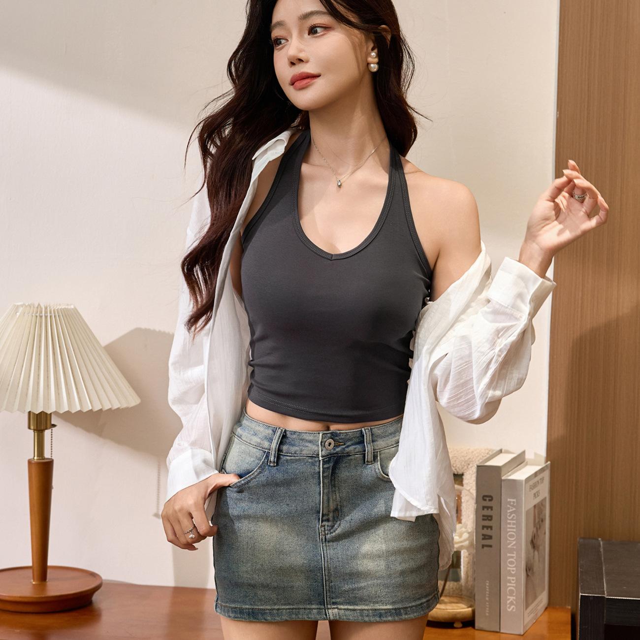 

Женский новый летний короткий топ без рукавов с высокой талией для сексуальных девушек 2XL серый