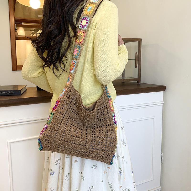 Large Capacity Fashion Cut-out Boho Tote Bag Trendy Floral Crochet Handmade Knitted Bag Vintage Multicolor Hollow Out Handbag