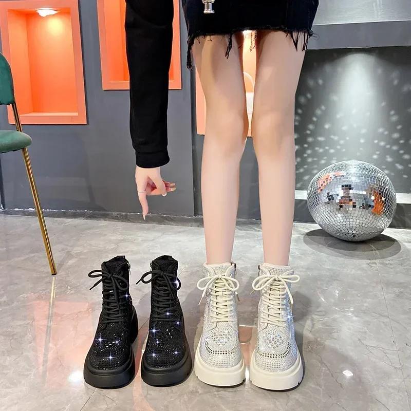Pailletten Diamant Kurze Stiefel Frauen Herbst Winter Britische Mode High Top Dicken Absatz Schnürstiefel Outdoor Party Freizeitschuhe
